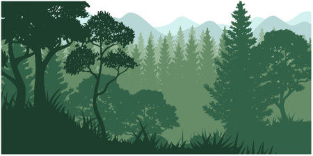 Silhouette of nature landscape. Mountains, forest in background. Blue and green illustrationのイラスト素材