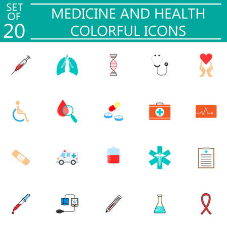 Medicine and health solid pictograms package, medical symbols collection, vector sketches, illustrations, colorful linear icons isolated on white background.のイラスト素材