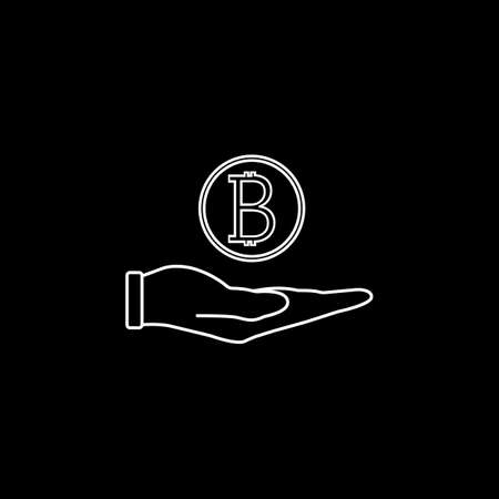 Coin in hand line icon, finance and business, bitcoin euro sign vector graphics, a linear pattern on a black background, eps 10.のイラスト素材