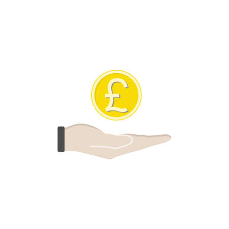 Coin in hand solid icon, finance and business, pound coin sign vector graphics, a filled pattern on a white background, eps 10.のイラスト素材