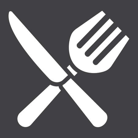 Fork and Knife solid icon, dinner and restaurant, vector graphics, a filled pattern on a black backgroundのイラスト素材
