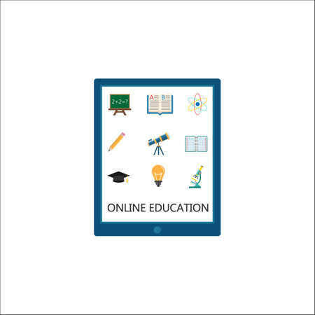 Online education flat pictograms package, E-learning symbols collection, Web mobile services vector sketches, Tablet with apps logo illustrations, colorful solid icons isolated on white background.のイラスト素材