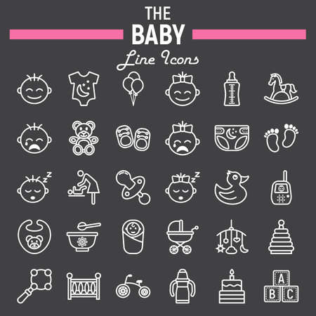 Baby line icon set, kid symbols collection, vector sketches, logo illustrations, linear pictograms package isolated on black background, eps 10.のイラスト素材