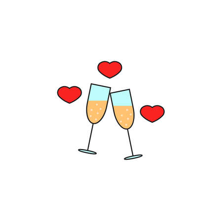 Clinking champagne glasses with hearts solid icon, stemware and wineglasses , vector graphics, a colorful linear pattern on a white background, eps 10.のイラスト素材