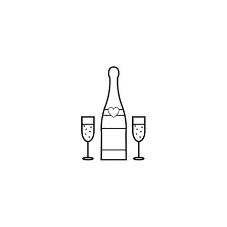 Champagne bottle with wine glasses line icon, Valentine's day and 8 march, love concept, vector graphics, a linear pattern on a white background, eps 10.のイラスト素材
