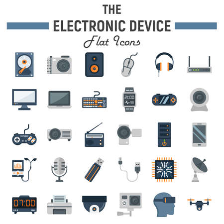 Electronic device flat icon set, technology symbols collection, vector sketches, logo illustrations, colorful solid pictograms package isolated on white background, eps 10.のイラスト素材