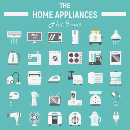 Home appliances flat icon set, technology symbols collection, sketches, household colorful solid pictograms package isolatedのイラスト素材