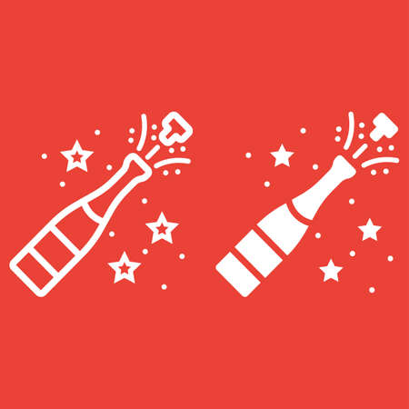 Champagne bottle pop line and glyph icon, New year and Christmas, xmas sign vector graphics, a linear pattern on a red background, eps 10.のイラスト素材