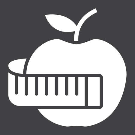 Apple with measuring tape glyph icon, fitness and sport, diet sign vector graphics, a solid pattern on a black background.のイラスト素材