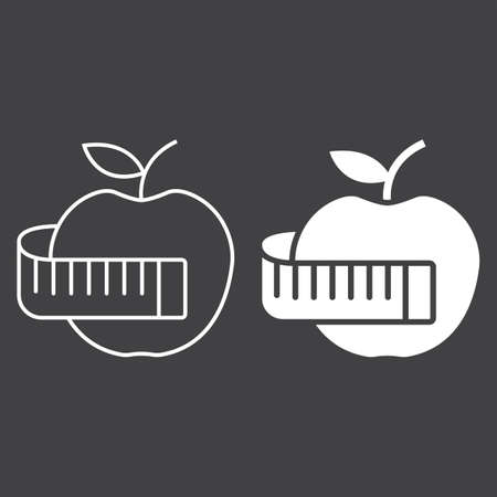 Apple with measuring tape line and glyph icon, fitness and sport, diet sign vector graphics, a linear pattern on a black background, eps 10.のイラスト素材
