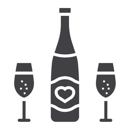 Bottle of champagne with glasses glyph icon, valentines day and romantic, alcohol sign vector graphics, a solid pattern on a white background, eps 10.のイラスト素材