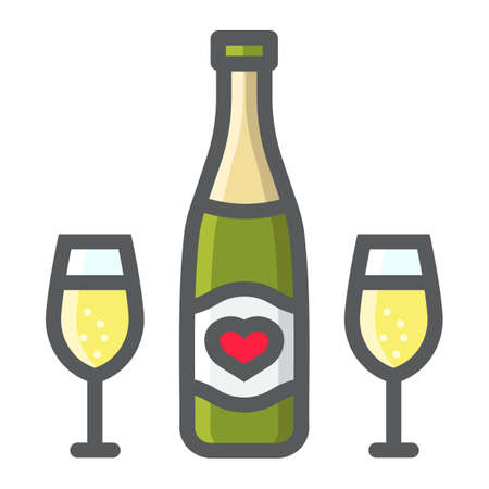 Bottle of champagne with glasses filled outline icon, valentines day and romantic, alcohol sign vector graphics, a colorful line pattern on a white background, eps 10.のイラスト素材