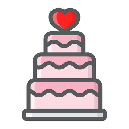 Stacked love cake filled outline icon, valentines day and romantic, wedding cake sign vector graphics, a colorful line pattern on a white background, eps 10.のイラスト素材
