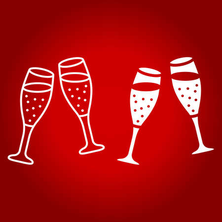 Two glasses of champagne in line and glyph icon for Valentines day. Romantic, wine sign vector graphics, in linear pattern on a red background.のイラスト素材