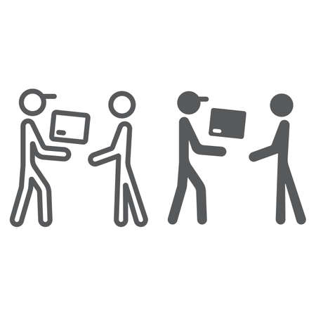 Delivery man line and glyph icon, e commerce and marketing, giving cardboard sign vector graphics, a linear pattern on a white background.のイラスト素材