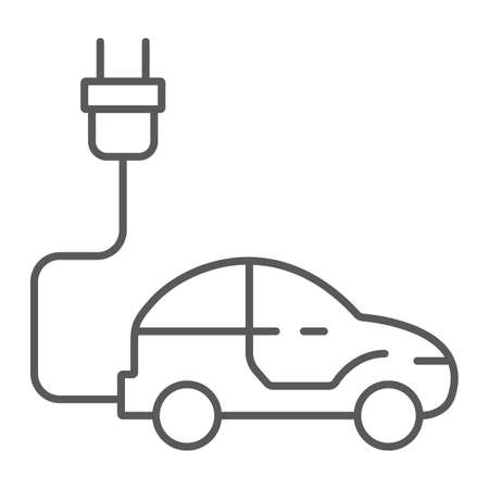 Electric car thin line icon, ecology car and energy, sustainable transport sign, vector graphics, a linear pattern on a white background, eps 10.のイラスト素材
