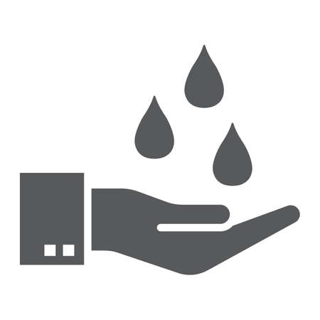 Water drops in hand glyph icon, ecology and save water, purfied water sign, vector graphics, a solid pattern on a white background, eps 10.のイラスト素材