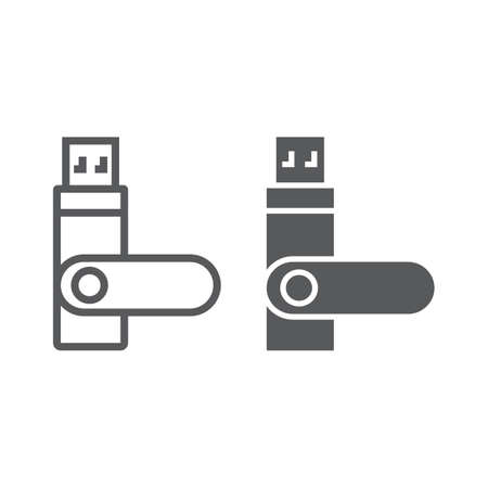 Usb flash, flash card line and glyph icon, electronic and device, memory sign, vector graphics, a linear pattern on a white background, eps 10.のイラスト素材