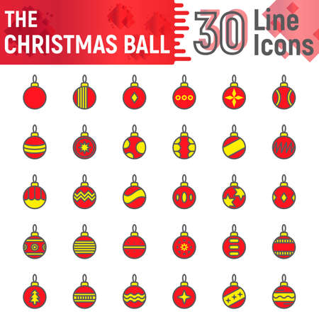 Christmas ball filled outline icon set, xmas toy symbols collection, vector sketches, logo illustrations, new year baubles signs colorful linear pictograms package isolated on white backgroundのイラスト素材