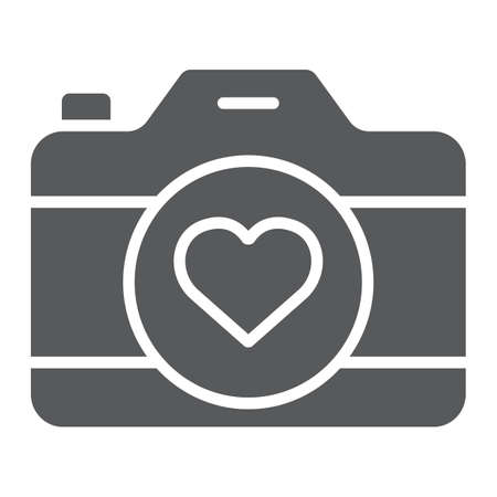 Love camera glyph icon, photography and valentine, photo camera with heart sign, vector graphics, a solid pattern on a white background, eps 10.のイラスト素材