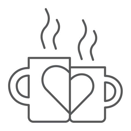 Lovely mugs thin line icon, romantic and love, valentines day cups sign, vector graphics, a linear pattern on a white background, eps 10.のイラスト素材