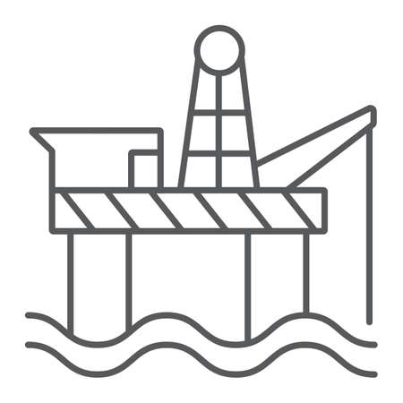 Oil rig thin line icon, industry and sea, oil platform sign, vector graphics, a linear pattern on a white background.のイラスト素材