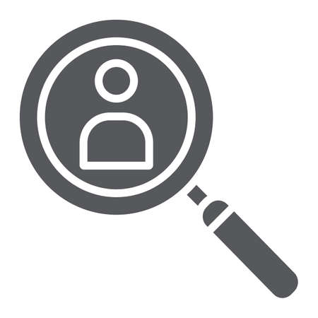 Person search glyph icon, recruitment and magnifier, lens with human sign, vector graphics, a solid pattern on a white background.のイラスト素材