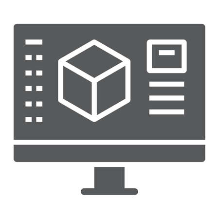 3d design glyph icon, model and computer, 3d modeling sign, vector graphics, a solid pattern on a white background.のイラスト素材