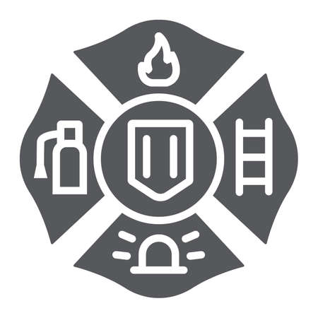 Fire emblem glyph icon, symbol and firefighter, fire badge sign, vector graphics, a solid pattern on a white background.のイラスト素材