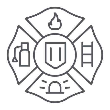 Fire emblem thin line icon, symbol and firefighter, fire badge sign, vector graphics, a linear pattern on a white background.のイラスト素材