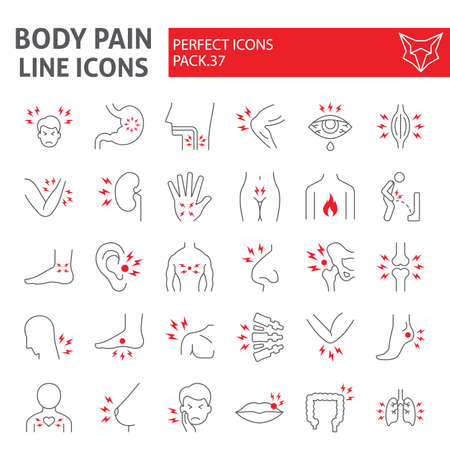 Body pain thin line icon set, organs ache symbols collection, vector sketches, illustrations, sickness signs linear pictograms package isolated on white background.のイラスト素材