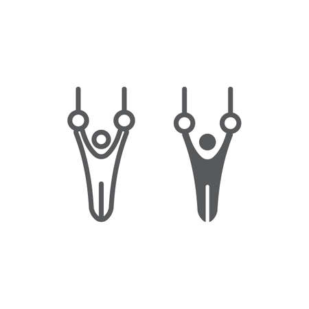 Gymnast line and glyph icon, sport and gymnastic, athlete on rings sign, vector graphics, a linear...