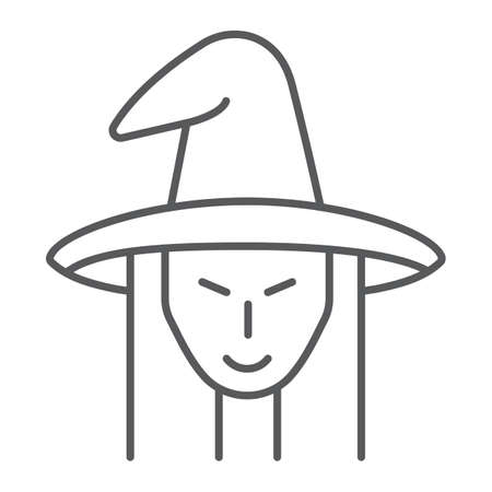 Witch thin line icon, witchcraft and halloween, witch face sign, vector graphics, a linear pattern on a white background.のイラスト素材