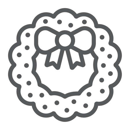 Christmas wreath with bow line icon, christmas and decor, holiday wreath sign, vector graphics, a linear pattern on a white background.のイラスト素材