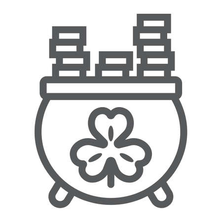 Cauldron with coins line icon, st patrick s day and holiday, cauldron full of gold sign, vector graphics, a linear pattern on a white backgroundのイラスト素材