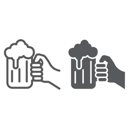 Hand holding a glass of beer line and glyph icon, st patrick s day and alcohol, hand hold glass beer sign, vector graphics, a linear pattern on a white backgroundのイラスト素材