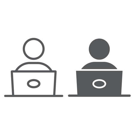 Student with laptop line and glyph icon, education and school, male worker sign vector graphics, a linear icon on a white backgroundのイラスト素材