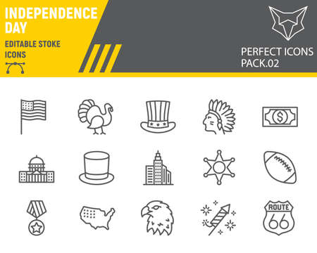 Independence day line icon set, usa symbols collection, vector sketches, logo illustrations, america pride icons, holiday signs linear pictograms, editable stroke.のイラスト素材