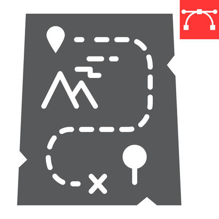 Cartoon map glyph icon, video games and treasure, adventure game sign vector graphics, editable stroke solid iconのイラスト素材