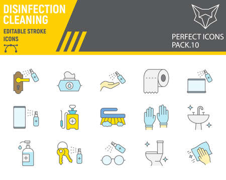 Disinfection color line icon set, cleaning symbols collection, vector ,  illustrations, hygiene icons, antibacterial cleaning signs filled outline pictograms, editable stroke.のイラスト素材