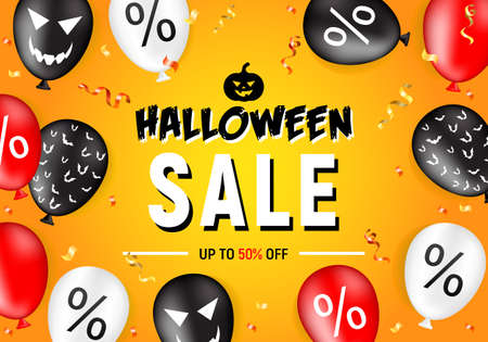 Happy halloween sale, discount card, halloween shopping, sales ghost balloons banner, halloween sale vector illustration.