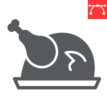 Roast turkey glyph icon, thanksgiving and dinner, roasted chicken sign vector graphics, editable stroke solid icon, eps 10.のイラスト素材