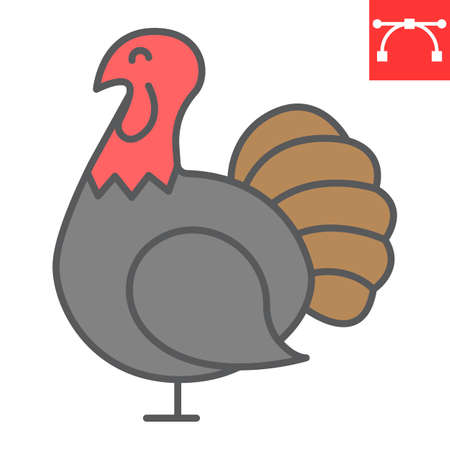 Turkey bird color line icon, thanksgiving and poultry, turkey bird sign vector graphics, editable...