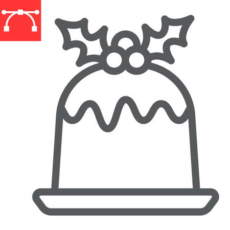 Christmas pudding line icon, merry christmas and dessert, holly berries sign vector graphics, editable stroke linear iconのイラスト素材