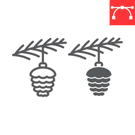 Spruce cone toy with branch line and glyph icon, merry christmas and pine branch, christmas bauble sign vector graphics, editable stroke linear iconのイラスト素材