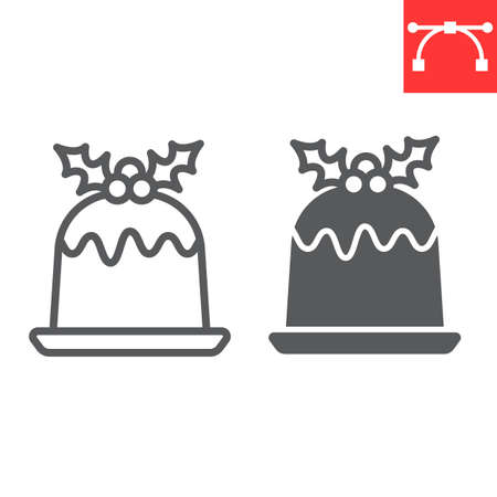 Christmas pudding line and glyph icon, merry christmas and dessert, holly berries sign vector graphics, editable stroke linear iconのイラスト素材