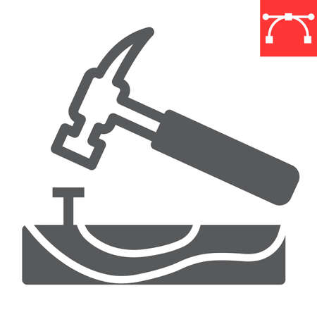 Hammer with nail glyph icon, construction and industry, hammer sign vector graphics, editable stroke solid iconのイラスト素材