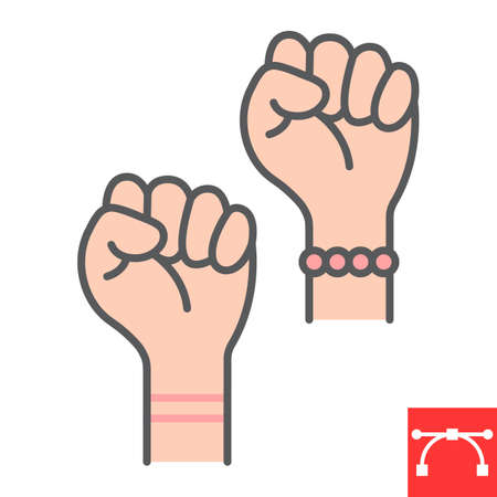 Fighting for rights color line icon, fist and feminism, women protest sign vector graphics, editable stroke filled outline iconのイラスト素材