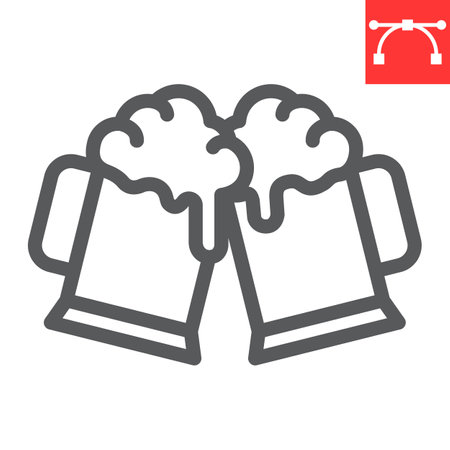 Toasting beer glasses line icon, pub and alcohol, two glasses of beer vector icon, vector graphics, editable stroke outline sign.のイラスト素材