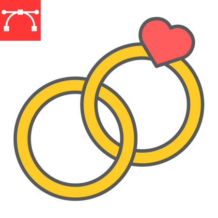Wedding rings color line icon, valentines day and love, engagement rings sign vector graphics, editable stroke filled outline icon.のイラスト素材